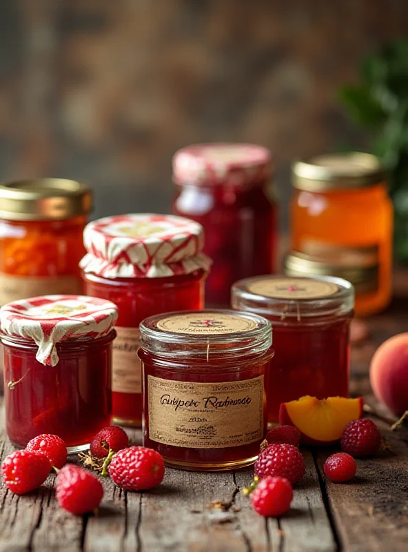 Variety of artisanal jams and preserves arranged on a wooden table.