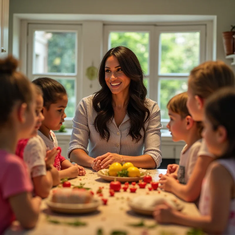 Meghan Markle smiling warmly while interacting with children in a kitchen setting.