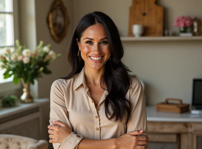 Meghan Markle smiling warmly, standing in a well-decorated home with tasteful decorations and floral arrangements.