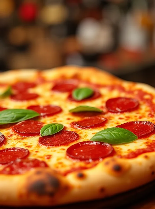 Close-up shot of a perfectly cooked pizza with melted cheese, pepperoni, and fresh basil, with a slightly blurred background of a bustling pizzeria.