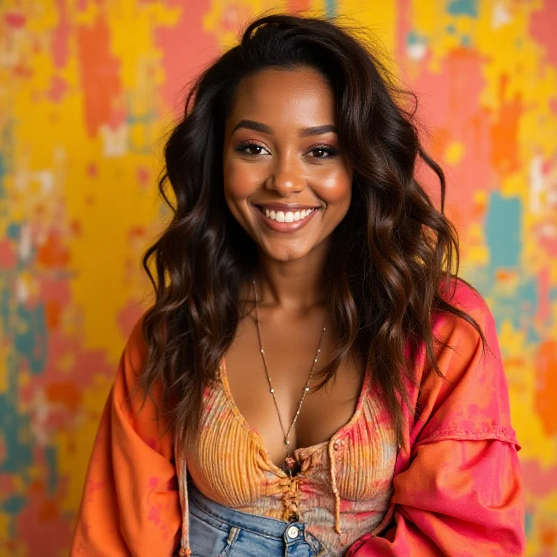 McKinley Richardson, a young woman with a bright smile, posing in front of a vibrant, colorful background. She is dressed in trendy, casual clothing and has a confident and engaging presence.