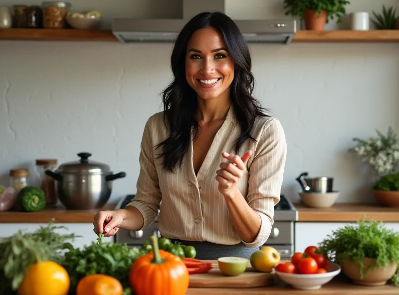 Meghan Markle smiling warmly while standing in a modern kitchen, surrounded by fresh produce. She is wearing a stylish, casual outfit and appears to be explaining a cooking technique to someone off-camera. The kitchen is bright and airy with stainless steel appliances and wooden countertops.