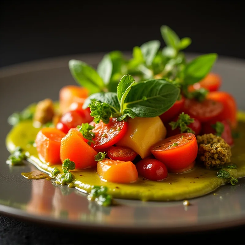 Close-up shot of a beautifully plated dish, showcasing vibrant colors and textures. The dish appears to be a gourmet vegetarian meal, with fresh herbs and a delicate sauce. The background is blurred, focusing attention on the intricate details of the food presentation.