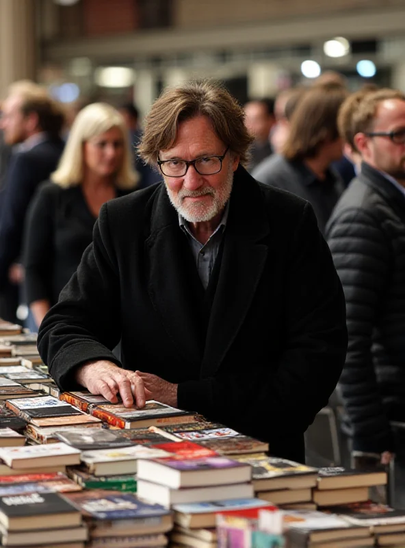 Neil Gaiman at a book signing event, looking directly at the camera with a slight smile.