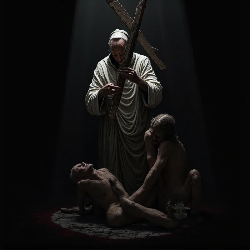 A dramatic depiction of an exorcism scene, with a priest holding a crucifix over a possessed individual.