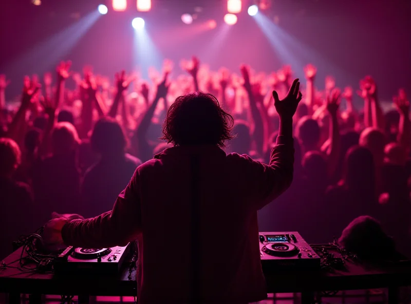 A vibrant and energetic DJ Funk performing live at a music festival, surrounded by a crowd of dancing fans.