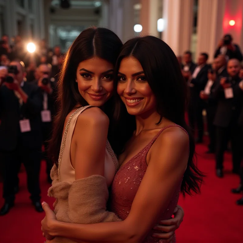 Kylie Jenner embracing Jesús Guerrero at a red carpet event, both smiling warmly and looking elegant.