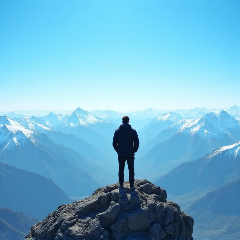 Person standing on a mountain top, looking out at a vast landscape