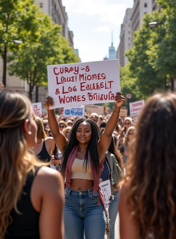 A diverse group of people protesting for gender equality with signs and banners.