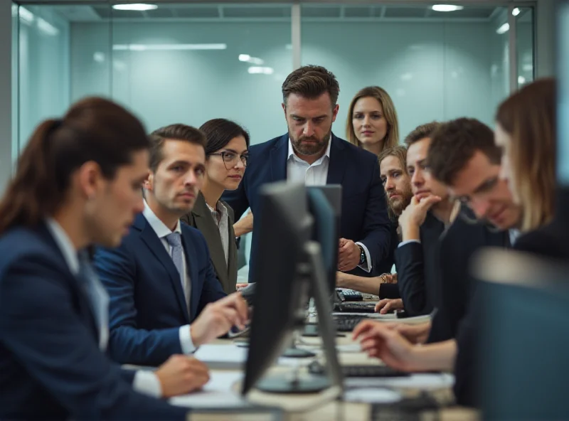 A diverse group of employees in a modern office setting, some looking stressed or concerned, while others are engaged in conversation.