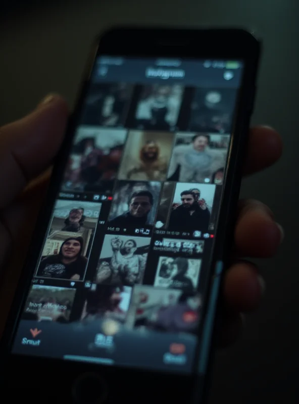 Close-up of a smartphone screen displaying Instagram Reels with thumbnails showing various content, including some blurred-out images suggesting potentially disturbing or violent content. A hand is scrolling through the feed.