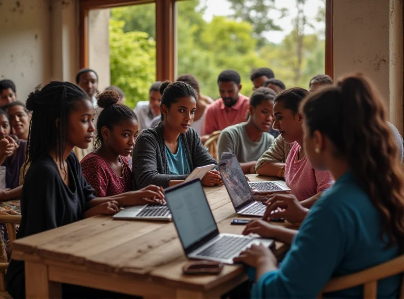 A group of people in a rural community learning about internet connectivity.