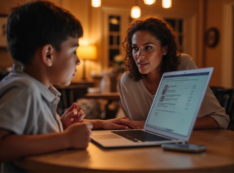 A parent and child discussing internet safety on a laptop.