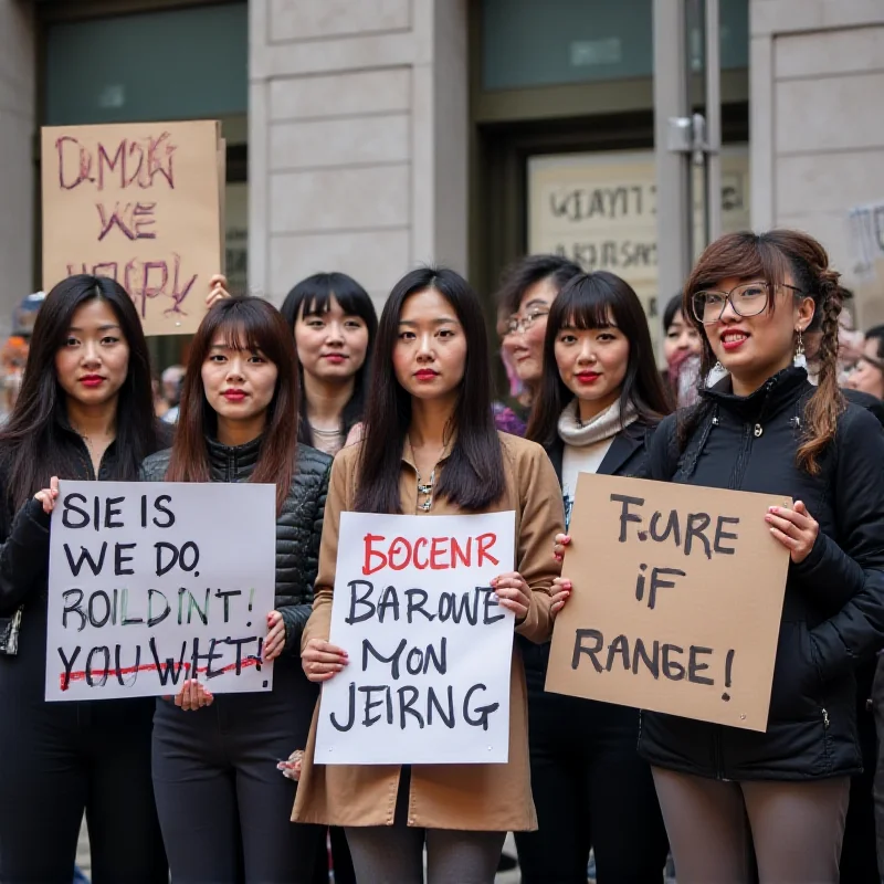 A protest scene in Japan, with signs supporting the MeToo movement.