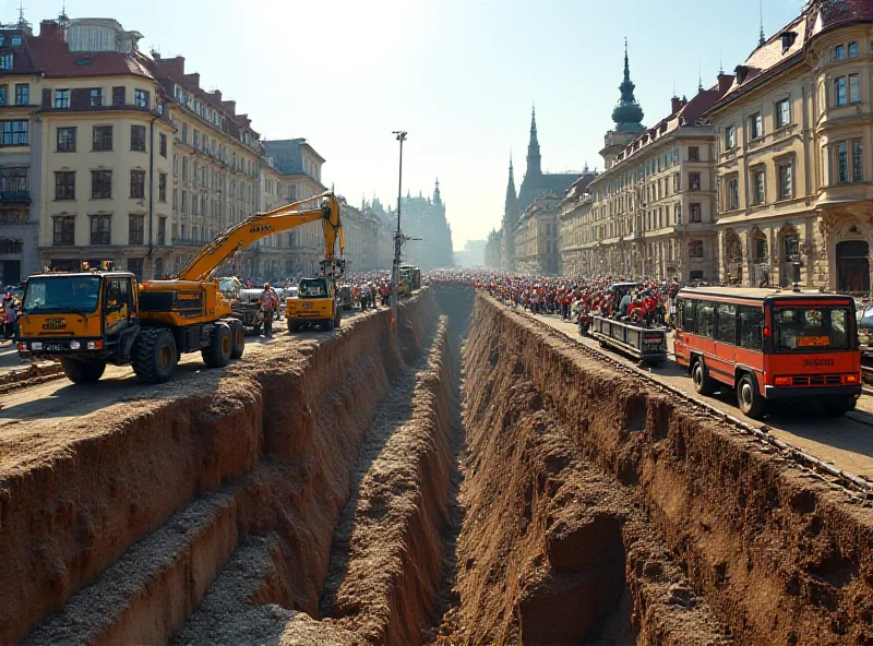 Construction site with heavy machinery and workers, suggesting the ongoing Metro D project in Prague.