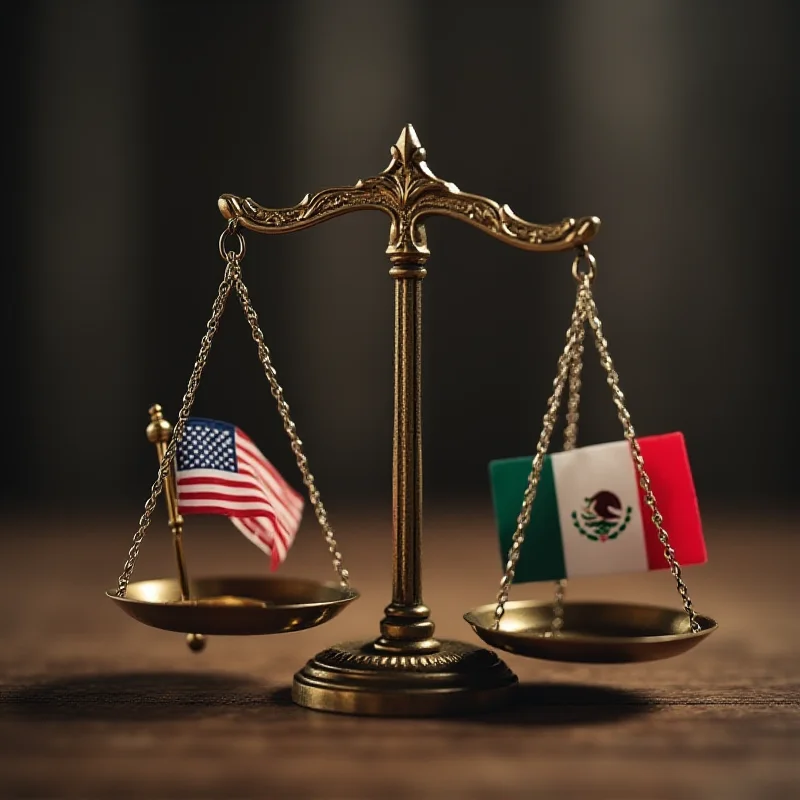 Scale of justice with American and Mexican flags in the background