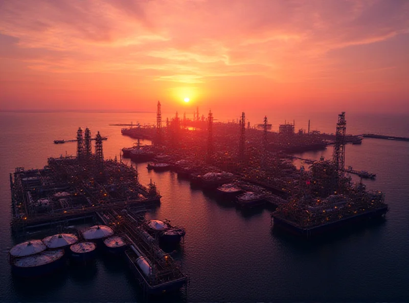 Aerial view of an oil refinery at sunset, with tankers docked nearby.