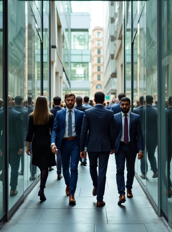 A diverse group of people walking into a modern office building in a bustling city center.