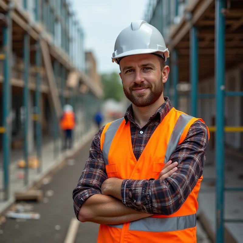 A construction worker wearing a hard hat and safety vest, standing on a construction site with scaffolding in the background.