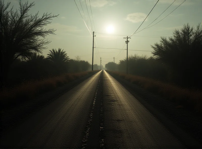 Image depicting a somber scene in rural Mexico, possibly a roadside memorial or a quiet, desolate road. The image should convey a sense of loss and unease without being overly graphic.