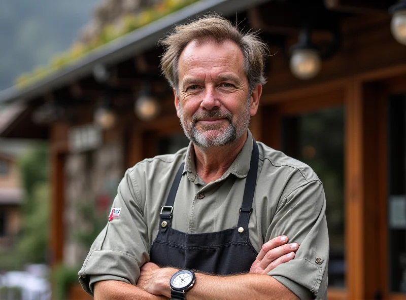 Chef Marc Veyrat standing outside his restaurant, La Maison des Bois, with a determined expression.