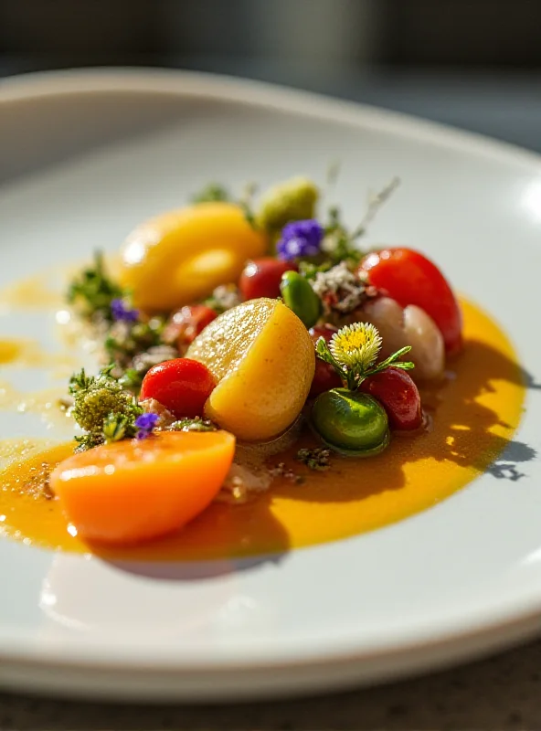 A beautifully plated dish from Ricardo Temiño's 'Camino' tasting menu, showcasing intricate details and vibrant colors.