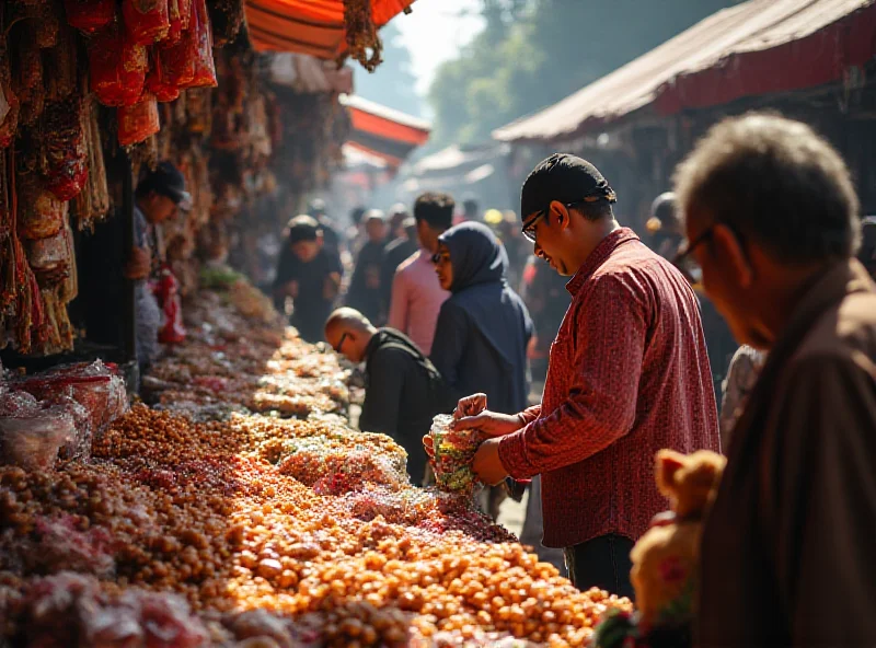 Busy Indonesian market with people buying sweets and food