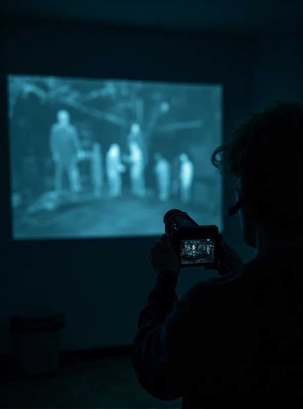 A person using an Xbox Kinect in a dark room, with ghostly figures visible on the screen, representing ghost hunting with Kinect technology.