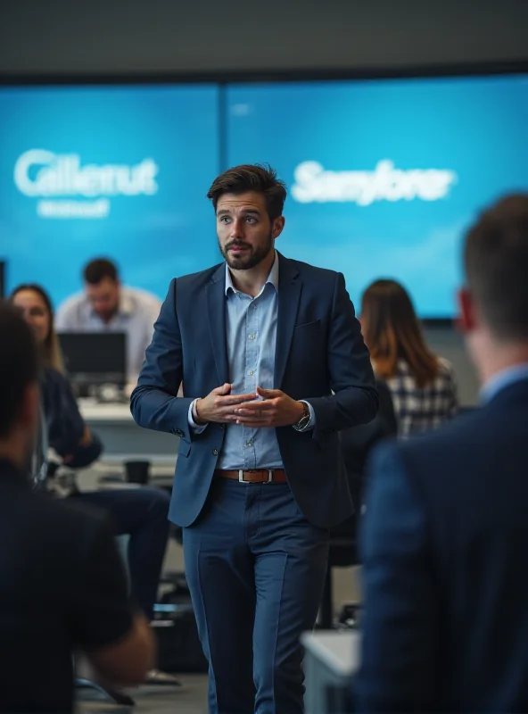 AI generated image of a young entrepreneur pitching his startup to investors, with the Microsoft and Salesforce logos blurred in the background