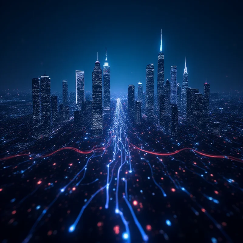 A futuristic cityscape with glowing lines representing data flow and artificial intelligence, showcasing the potential of AI technology.