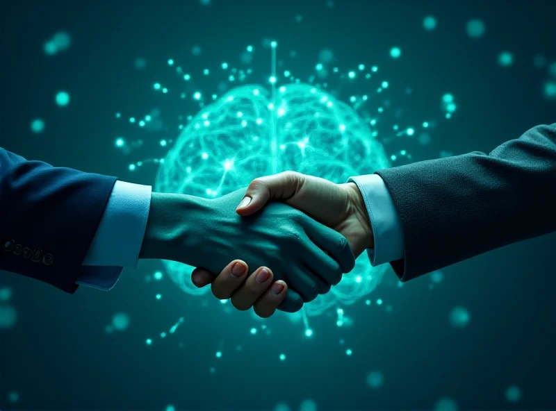 Conceptual image of two hands shaking, symbolizing the partnership between Microsoft and OpenAI, with a stylized AI brain in the background.