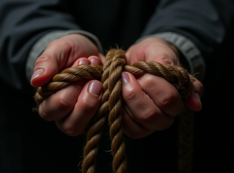 A close-up photo of hands bound tightly with rope, emphasizing the pain and suffering of a hostage.