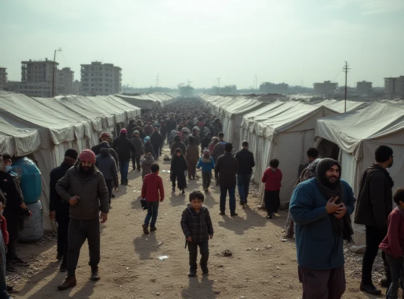 A wide shot of a crowded refugee camp in Gaza, with people queuing for food and water, illustrating the humanitarian crisis.