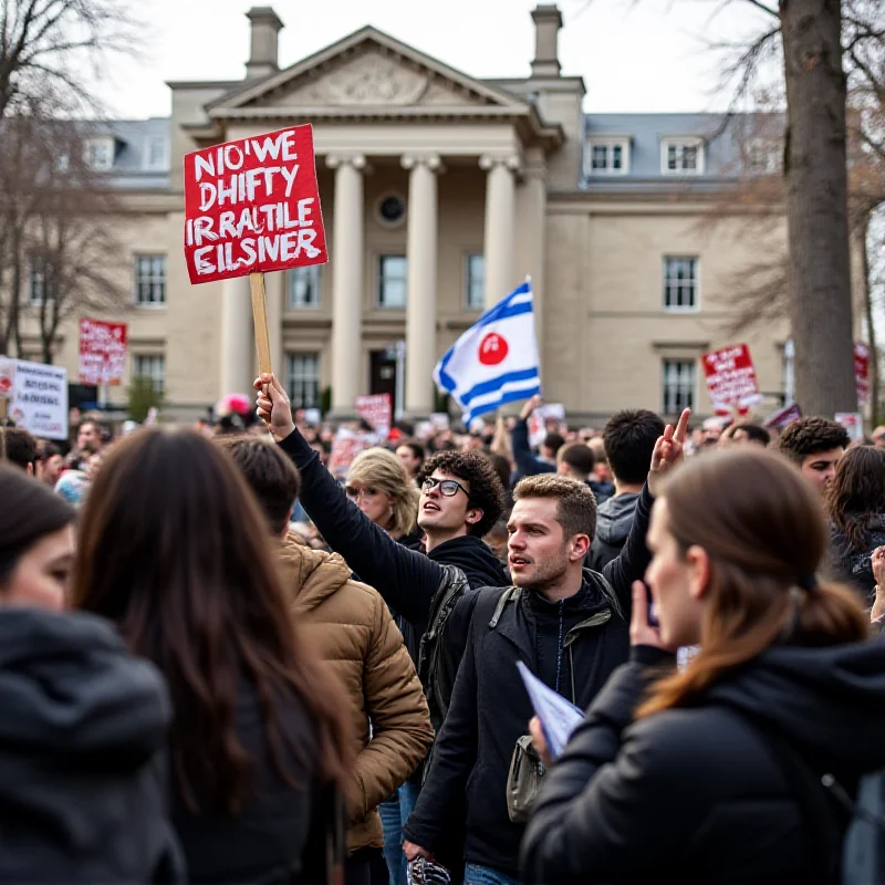 A photo of Columbia University campus with students protesting, holding signs with anti-Israel messages.