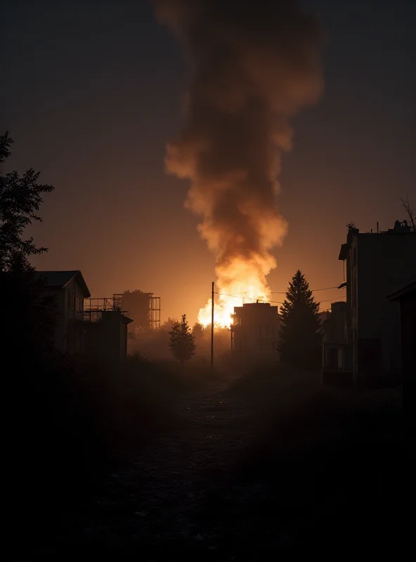 Nighttime view of explosions in the distance, depicting the aftermath of an airstrike in an urban area. Smoke and fire are visible.