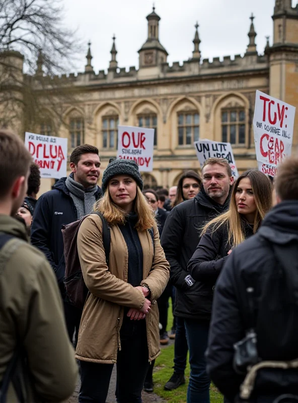 A diverse group of students protesting at Cambridge University with banners related to the Israel-Palestine conflict.