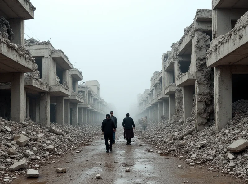 A tense scene in Gaza with damaged buildings and people walking amidst the rubble, reflecting the fragile ceasefire.