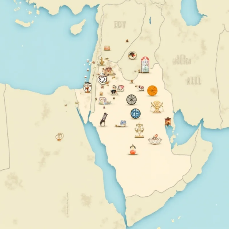 A world map highlighting the Middle East region, with smaller icons representing protests, legal battles, and ceasefire negotiations.