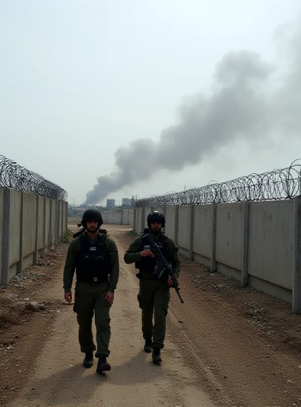 A tense border scene between Gaza and Israel with smoke rising in the distance and armed soldiers patrolling