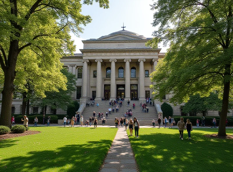 Columbia University campus with students walking and the iconic Low Library in the background