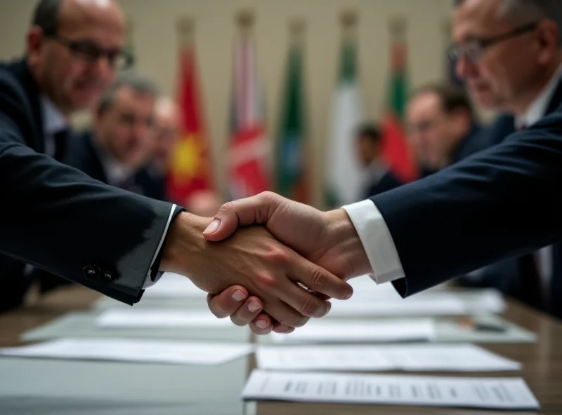 Image of a handshake between negotiators at a peace table with flags of different nations blurred in the background.