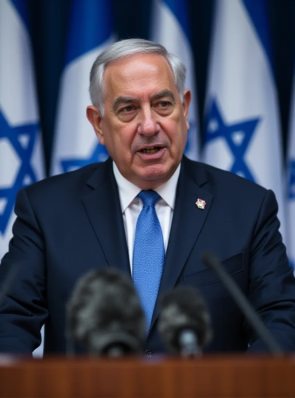 Image of Benjamin Netanyahu giving a press conference in front of Israeli flags, with a stern expression on his face.