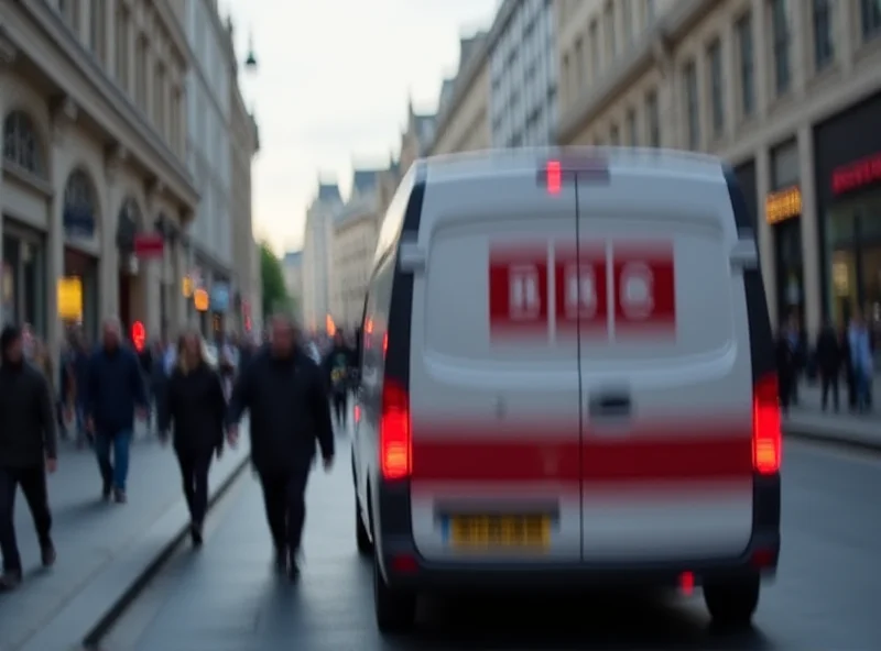 Image of the BBC logo on a news van, with a blurred city background.