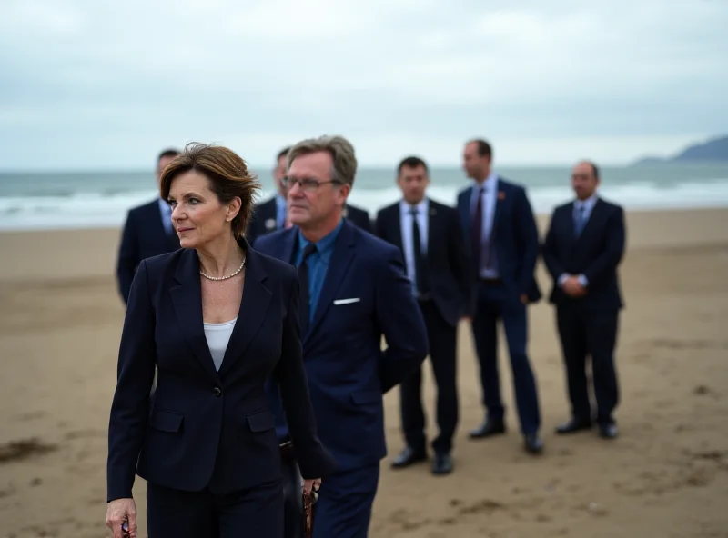 Yvette Cooper meeting with French officials on a beach