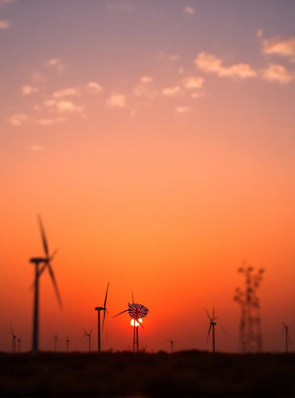 A wind farm at sunset, with the UK flag subtly waving in the background. The image should convey a sense of renewable energy and national pride.