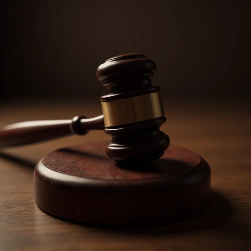 A close-up of a gavel resting on a wooden sounding block in a courtroom. The background is blurred, and the focus is on the gavel, symbolizing justice and legal proceedings.