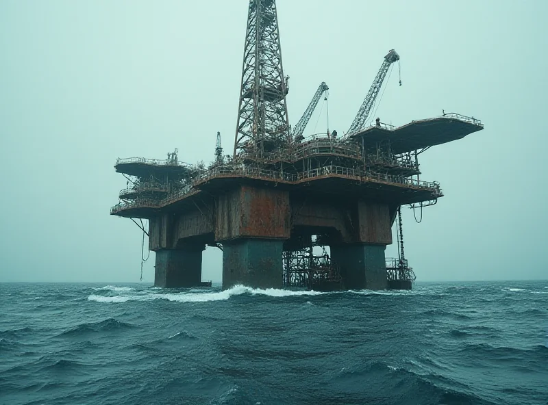 A wide shot of a Mediterranean oil rig, with figures visible on the lower levels, suggesting stranded migrants seeking refuge.