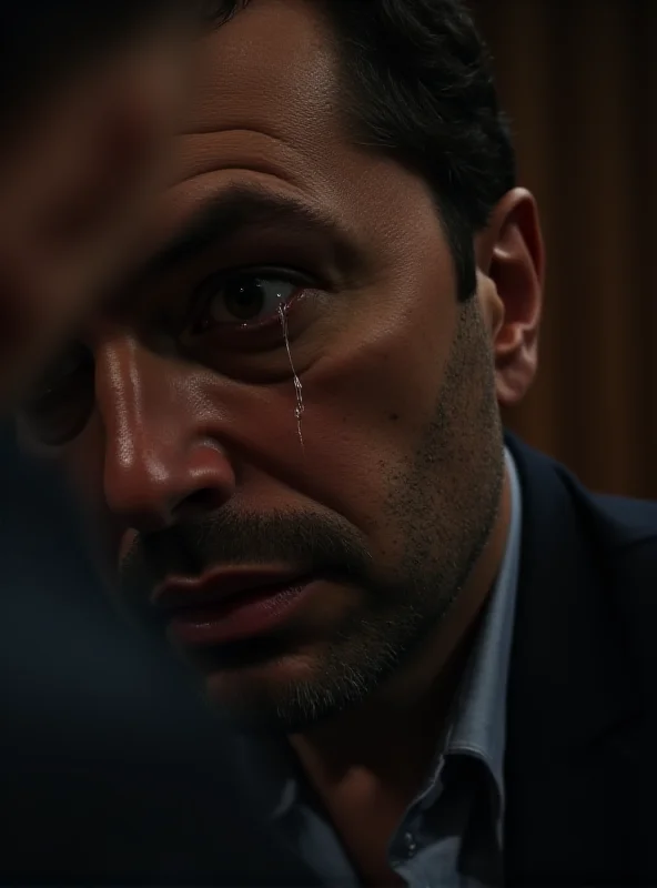 A close-up shot of a man's face in distress, tears streaming down his cheeks, in a courtroom setting. Blurred figures of lawyers and court officials are visible in the background.