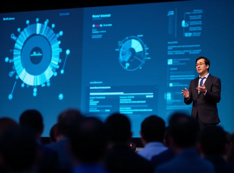 Mike Zhou speaking at a tech conference, surrounded by screens displaying AI visualizations.