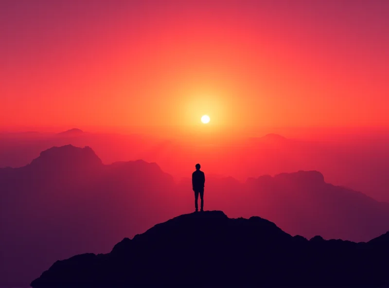 A person standing on a mountaintop, silhouetted against a vibrant sunset, representing living one's truth.